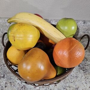 Rustic Metal Basket With Decorative Faux Fruit